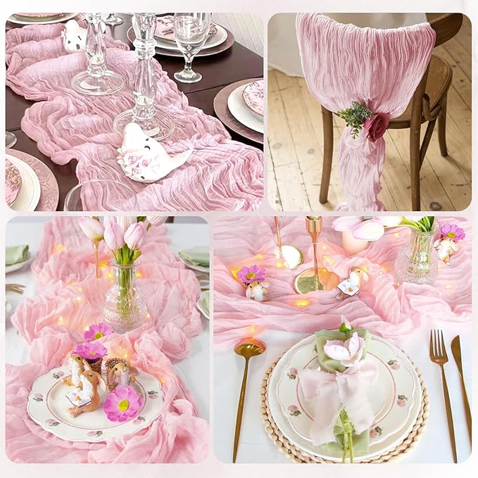 6 Pack Light Pink Cheesecloth Table Runner 17x108 Inch Semi Sheer Boho Gauze Cheese Cloth Fabric Table Runners, for Wedding Party Baby Shower Birthday Home Decor Garden Farmhouse