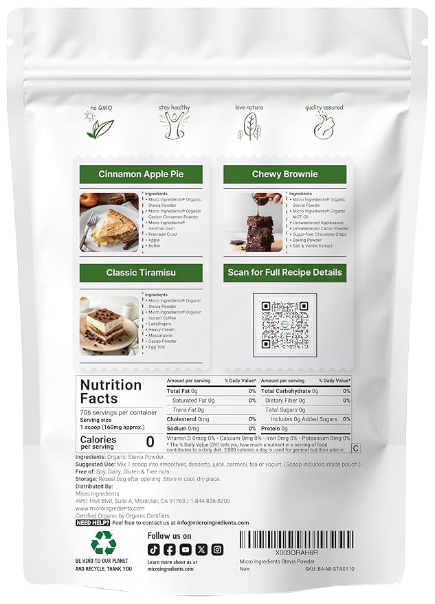 Pure Organic Stevia Powder, 4 Ounces, 706 Serving, Highest Grade Stevia Green Leaf Extract Reb-A, Reduced Bitter Aftertaste, 0 Calorie, Natural Sweetener, Sugar Alternative, Keto Friendly