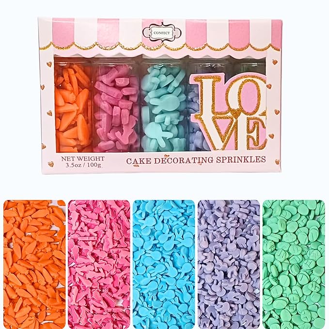 Confect Bunny Sprinkles | Pack of 5 Orange, Silver and Sky Blue, Red Sprinkle I Birthday & Celebration Edible Sprinkles for Cake & CupCake Decoration | Vegan, Gluten-Free, Nut-Free, Soy-Free, Dairy-Free, Palm Oil-Free