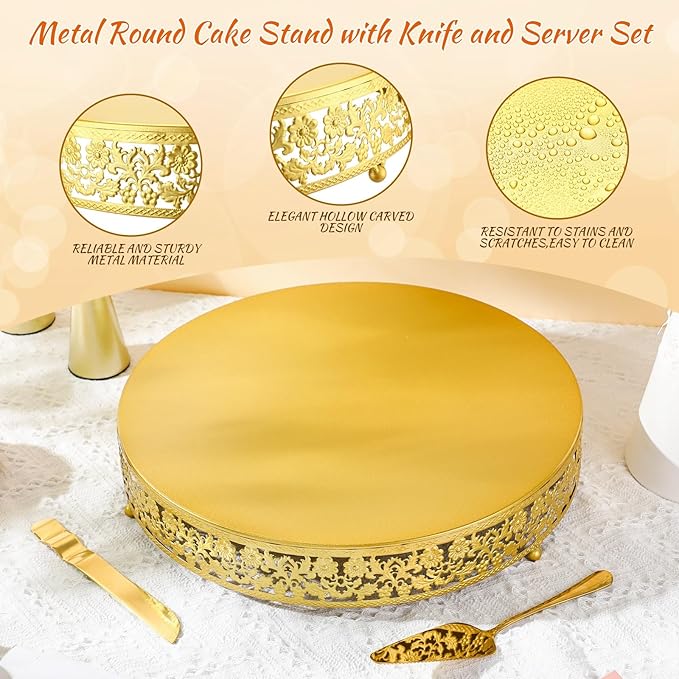 Wenqik 16 Inch Cake Stand Set Gold Wedding Cake Dessert Round Stand with Cakes Cutting & Spatula Candy Table Display for Party Wedding Birthday Baby Shower Housewarming Anniversary Celebration