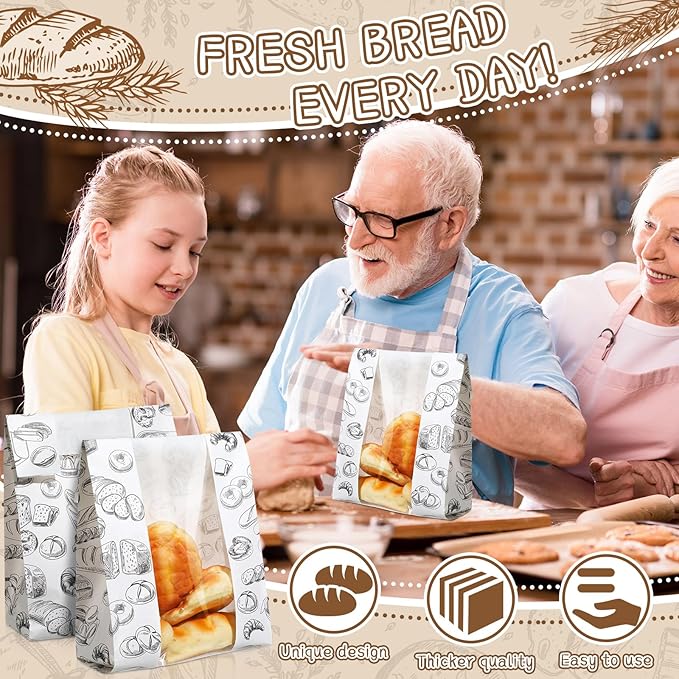100 Packs Paper Bread Bags for Homemade Bread Sourdough 13.8 x 8.3 x 3.5 Inches Kraft Paper Bakery Bag with Window Label Seal Sticker for Baked Food Packaging Storage(White)