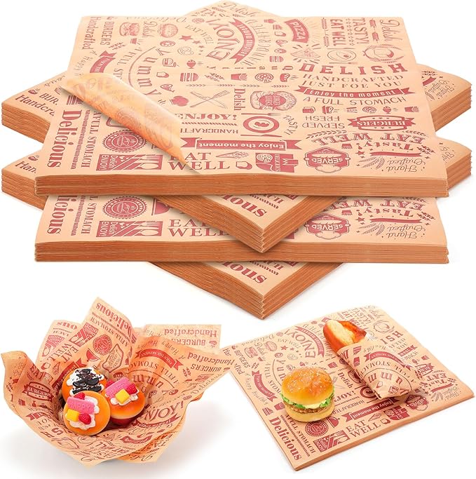 200 Pcs Deli Wax Paper Sheets 15 x 15 Inch Large Newsprint Sandwich Paper Wraps Greaseproof Food Basket Liners Newspaper Wrapping Square for Halloween Christmas Burger Bread BBQ Picnic (Brown Red)