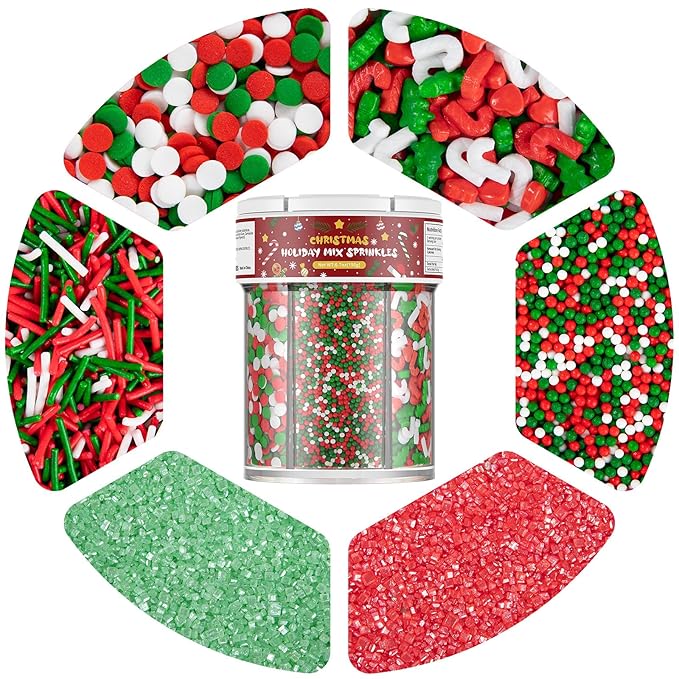 Christmas Sprinkles for Baking, 6 Cell Mix Sprinkles for Christmas Cake Decorating Fancy Sanding Sugar Sprinkles Colorful Sprinkles for Ice Cream,Donut,Chocolate Candy,Cookies Decorating - 6.7 oz