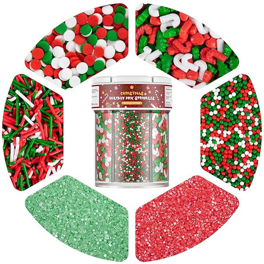Christmas Sprinkles for Baking, 6 Cell Mix Sprinkles for Christmas Cake Decorating Fancy Sanding Sugar Sprinkles Colorful Sprinkles for Ice Cream,Donut,Chocolate Candy,Cookies Decorating - 6.7 oz
