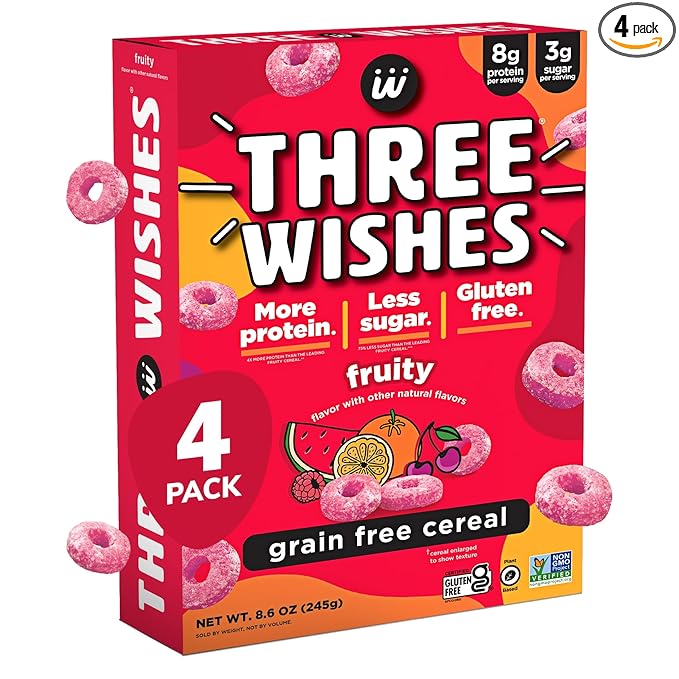 Three Wishes Grain-Free & Protein Cereal - Healthy, Low Sugar & Gluten-Free Breakfast Cereal - Low Carb, Plant-Based, Vegan & Non-GMO - Fruity, 4-Pack