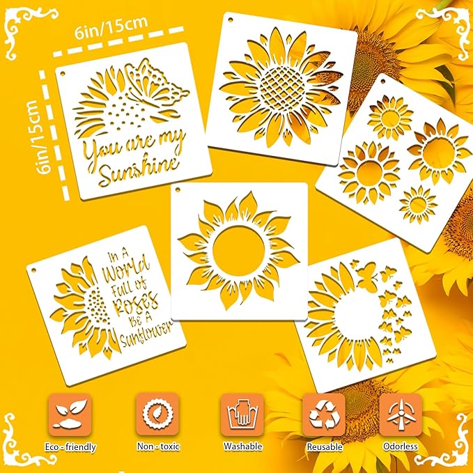 SUNFEEL 25Pack Sunflower Stencils for Painting – Painting Templates 6 x 6 in and 6 x 6 in Reusable Painted Painting Stencils， Stencils for Painting On Wood and Canvas, DIY Crafts Andfurniture
