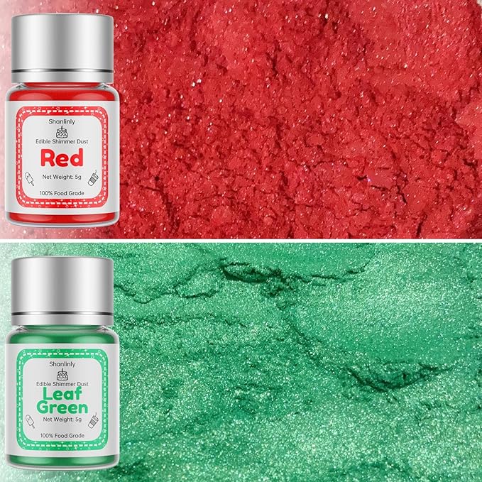 Shanlinly Red Green Edible Luster Dust for Drinks - 2 Colors Christmas Set, Drinks Glitter Dust for Cakes, Cookies,Cocktails, 5g Each Color