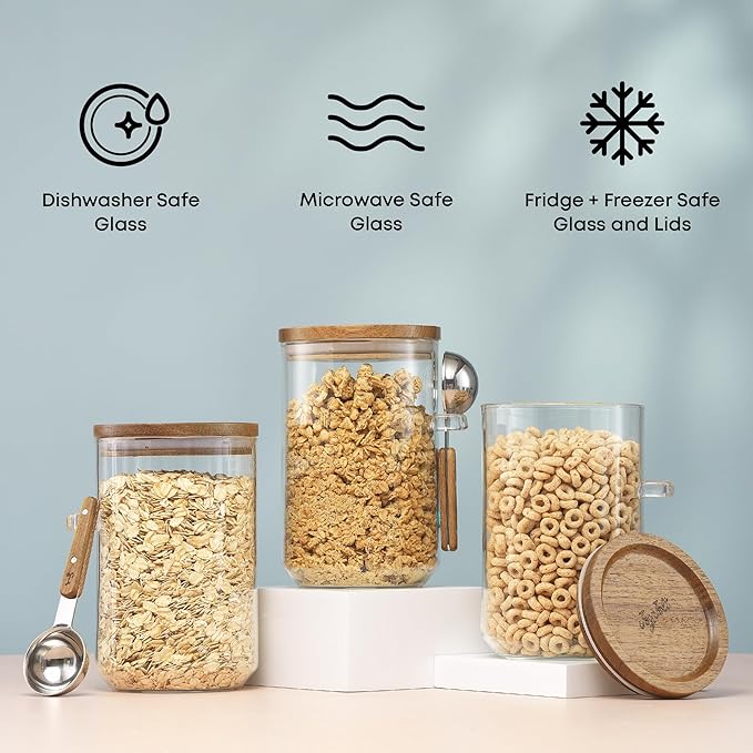 JoyJolt Holden 32oz Stackable Glass Storage Containers with Lids and Scoops, Airtight Food Canister Set of 3 w/Acacia Wood Lids, Round Stacking Pantry and Kitchen Containers w/Scoop | Clear