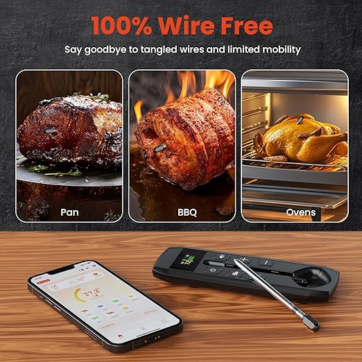 Wireless Meat Thermometer with Wireless Probe, 800Ft Remote Range Food Thermometer with iOS & Android Read App - Preprogrammed Temperatures, LCD Digital Cooking Thermometer for BBQ, Oven, Grill etc.