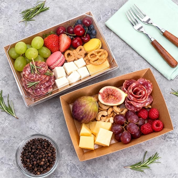 Hiceeden 50 Pack Charcuterie Boxes with Clear Lids, 8.4"×5.7"×2.8" Paper Bakery Dessert Sandwich Box, Disposable Large Food Containers for Cookies, Donuts, Muffins, Salad, and Pastry, Brown