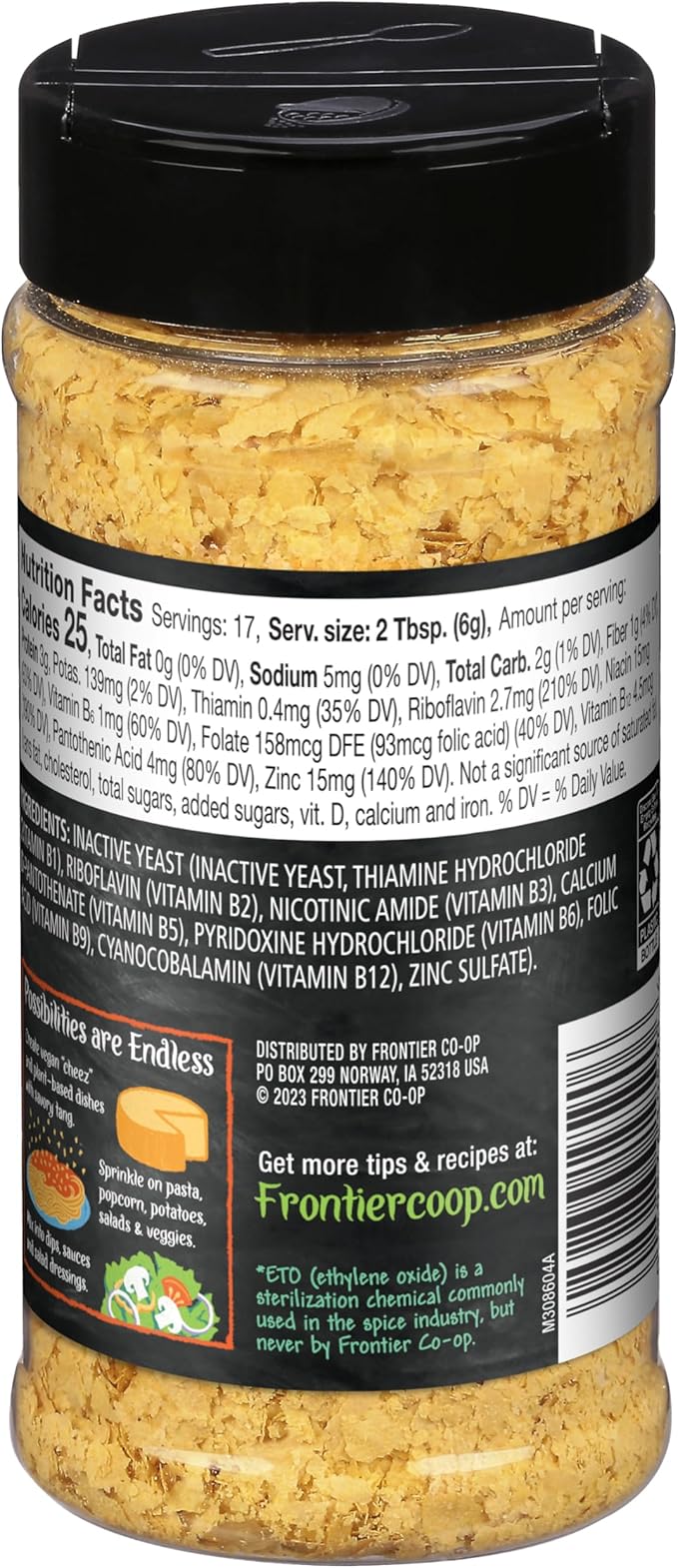Frontier Co-op Premium Nutritional Yeast Flakes, 3.6 oz. - Vegan, Gluten-Free, Kosher, Non-Irradiated Seasoning, Dairy-Free Cheese Flavor, Rich in B Vitamins