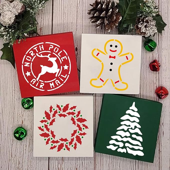 Christmas Stencils for Painting on Wood, 3x3' Reusable Holiday Drawing Templates for DIY Crafts