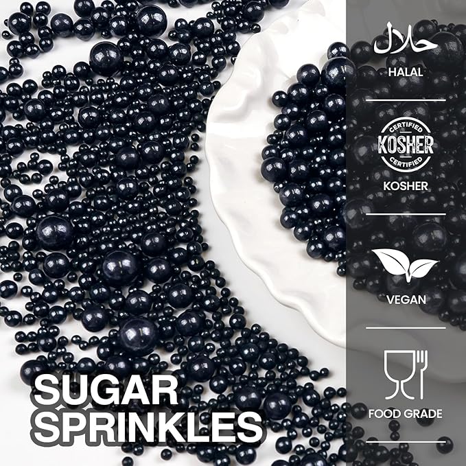 Black Pearl Sugar Sprinkles, Edible Black Sprinkles for Cake Decorating, 150g/5.29oz, Baking Cake Decorations, Foodgrade Toppers, Cupcakes, Cookies, Birthday, Wedding Party Chirstmas Supplies