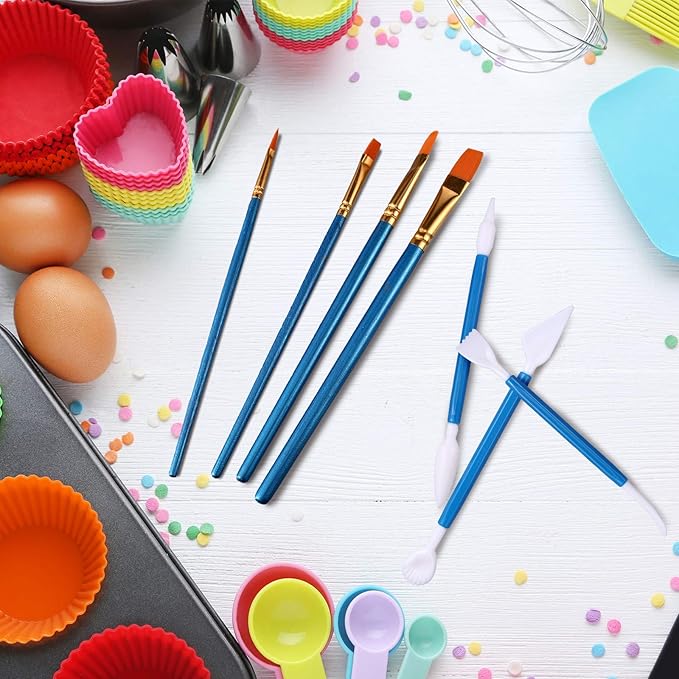 24 Pieces Cookie Decorating Fondant Cake Decorating Tool Set Include Brushes Sugar Stir Needle Fondant Modeling Tool Elbow and Straight Tweezer(Blue)