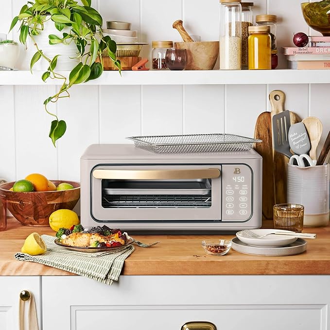 Beautiful Infrared Air Fryer Toaster Oven Combo - 10-in-1 Countertop Convection Oven with Air Fry, Bake, Pizza, Toast & Dehydrate Functions - 1800W Stainless Steel Kitchen Appliance (Porcini Taupe)