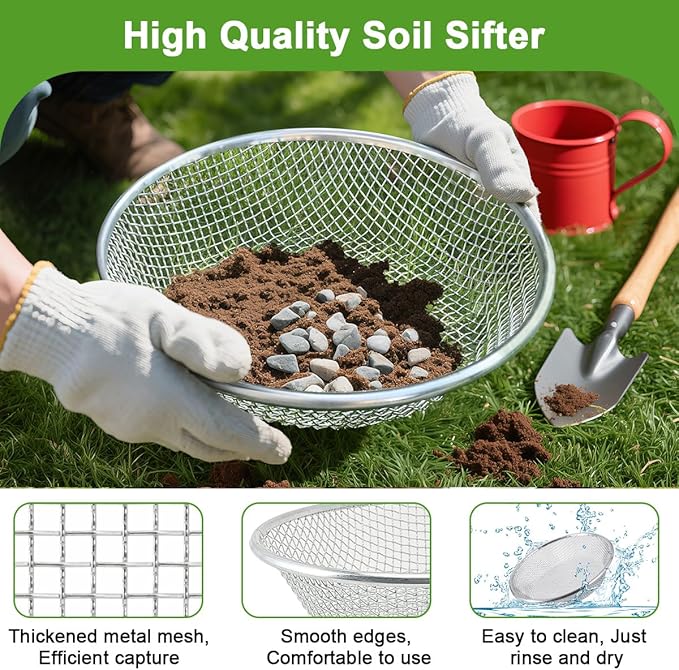 Soil Sifter Sieve Galvanized Screen for Compost, Dirt, Rocks, Garden, Soil Sieve Fits 5 Gallon Bucket, Composting Sifting Tool, 3/8in