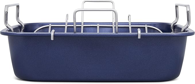 Zyliss E980206 Non-Stick Roasting Tin with Rack, Carbon Steel, Dark Blue, Roast Pan/Baking Trays for Oven/Bakeware Tray, Dishwasher Safe