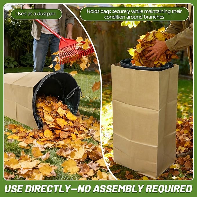 2Pcs Reusable Lawn Bag Funnel Holder, Heavy Duty PP Yard Leaf/Waste Bag, Stabilizer for 30 Gallon Paper Bags, Fits Patio, Lawn and Garden, Composting (green) (2)