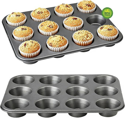 2-Pack Muffin Pan Set for Baking, Nonstick Cupcake Pan Set, Standard 12-Cup Muffin Tin for Baking Cupcakes - Carbon Steel