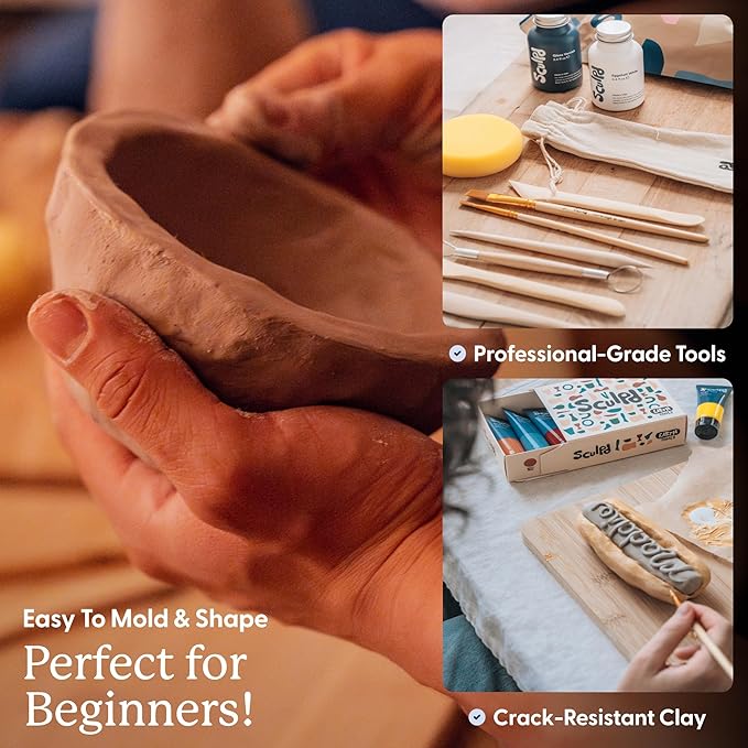 Sculpd - The Original Pottery Kit - Complete Air Dry Clay Kit for Adults Includes Sculpting Tools, Varnish, Paint Brushes, Guides, Arts & Crafts Sets, Gloss Varnish