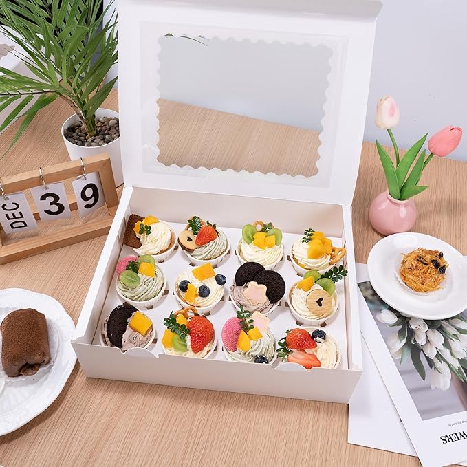 10 Set Cupcake Boxes Cardboard Cupcake with Pvc Window Picnic Containers with Inserts 12 Holders Dessert Containers for Packaging Transport Storage White Bakery Boxes for Egg Tarts Cookies Pastries
