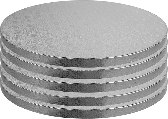 O’Creme Cake Board, Silver Foil Round Cake Circles with Gorgeous Design, Sturdy & Durable 1/2” Thick Cake Drums, Round Cake Boards with 16” Diameter, Pack of 5 Disposable Cake Drums