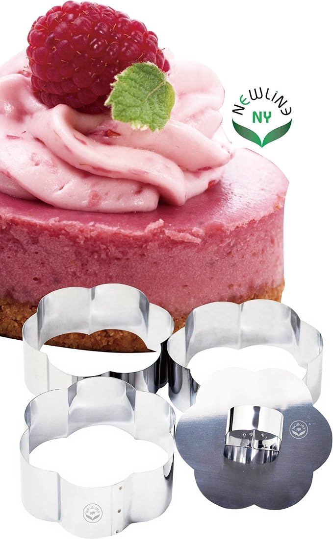 NewlineNY Stainless Steel Dessert Rings (4 Pcs) Flower Shape Molded Appetizers Salads Pastries Mousse Molding Layering Cutter