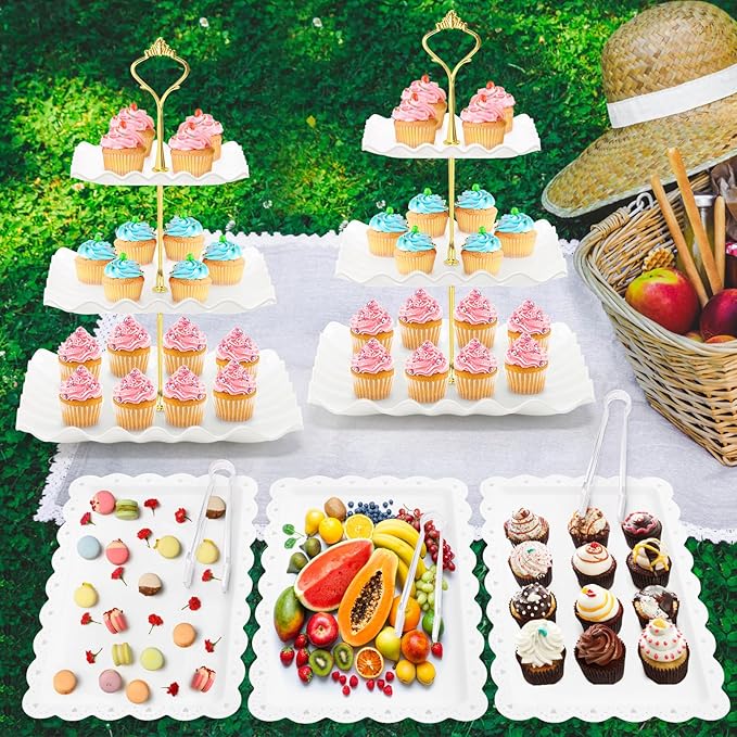 Coitak 8 Pieces Cupcake Stand Set, 2 PCS 3 Tier Cupcake Stands with 3 PCS Appetizer Trays, 3 PCS Serving Tongs, Dessert Tower Tray for Tea Party (White)