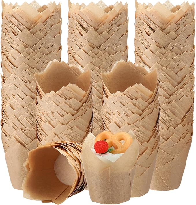 600 Pcs Tulip Cupcake Liners for Baking Muffin Liners Printed Baking Cups Holders Greaseproof Wrappers Decoration for Cupcake Bouquet Birthday Party Wedding Bride Shower (Kraft Paper Color)