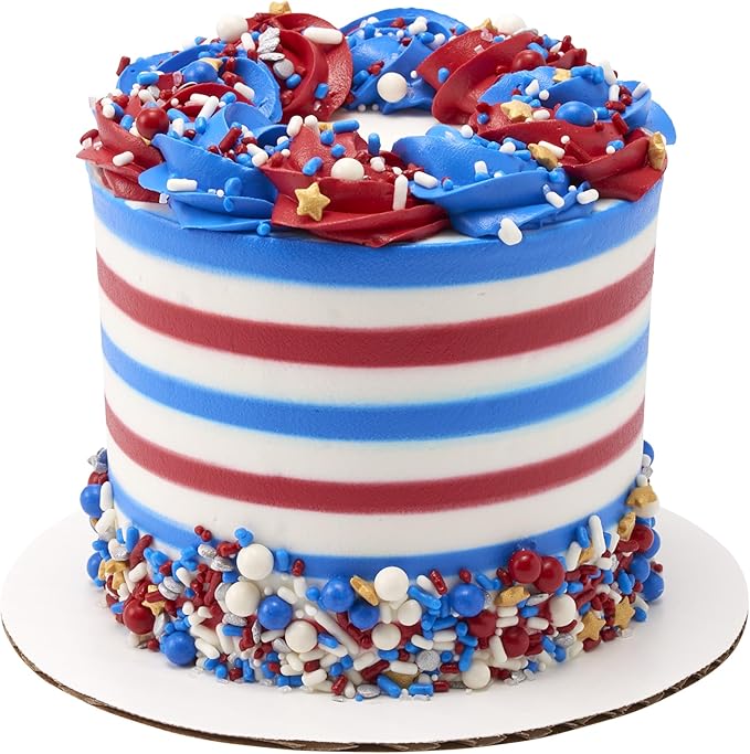 DECOPAC Firecracker Deluxe Fusion Mix, 26oz, Fancy Patriotic Candy Sprinkles in Handheld Container, Edible Sprinkles For Celebration Cakes, Cupcakes, Cookies and Donuts, Red, White, and Blue