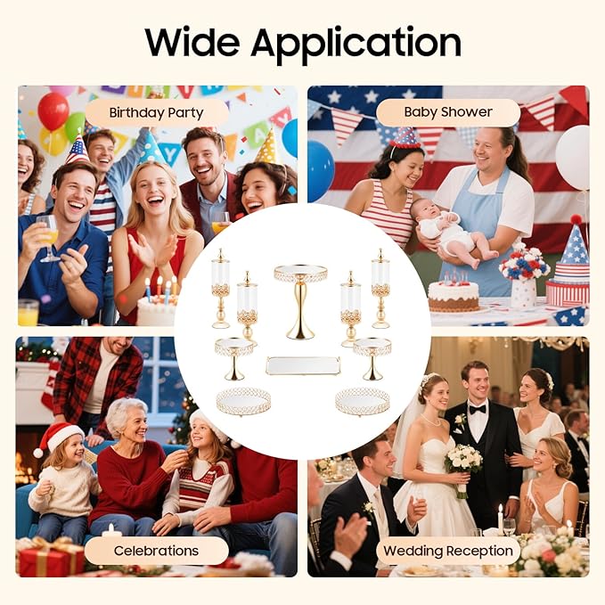 Pack of 10 Cake Stand Set with 4 x Candy Jars, 3 x Cake Stands, 2 x Round Cake Trays, 1 x Serving Tray, Dessert Table Display Set with Crystal Beads for Birthday Baby Bridal Shower Party
