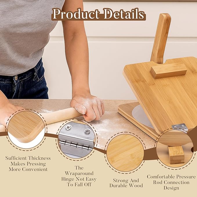 Premium Wooden Tortilla Press（Square 10"),Tortilla Maker Press Set with 50 Pieces Parchment Paper, Rolling Pin,Dough Scraper,Easy to Use and Clean,Durable and Solid.