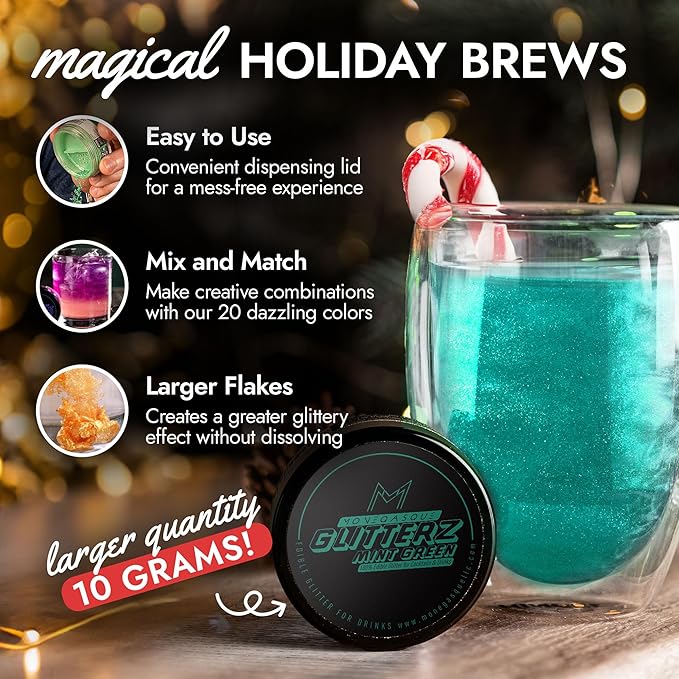 MONÉGASQUE Mint Green Edible Glitter for Drinks 10g – Edible Glitter for Cakes & Cocktails – Green Food Coloring Spray for Christmas Cake Decorations – Cocktail Drink Shimmer Powder – Cake Sprinkles