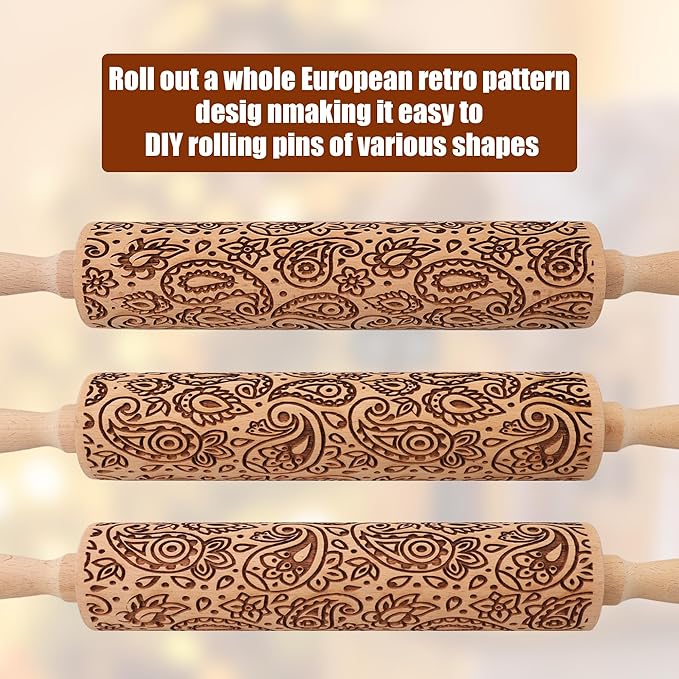 17" Premium Wooden Rolling Pins for Baking with European Embossed Designs | 3mm Deep Springerle Cookie Molds | Christmas Rolling Pin & Baking Gifts for Women | Includes 3-in-1 Cleaning Brush