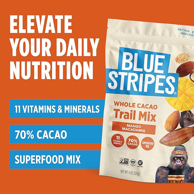 Blue Stripes - Trail Mix, 70% Chocolate Chips, Almonds, Macadamia Nuts, Mango, Healthy Snacks for Adults, Whole 70% Cacao, With Unrefined Sugar, Non GMO, Gluten Free, Vegan, 8 oz