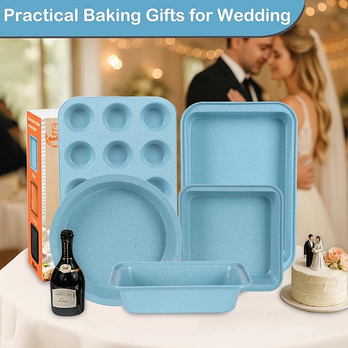 Blue Bakeware Set, 6-Piece Nonstick Baking Pans Set, Carbon Steel Oven Bakeware for Holiday Cookies & Festive Baking Gifts