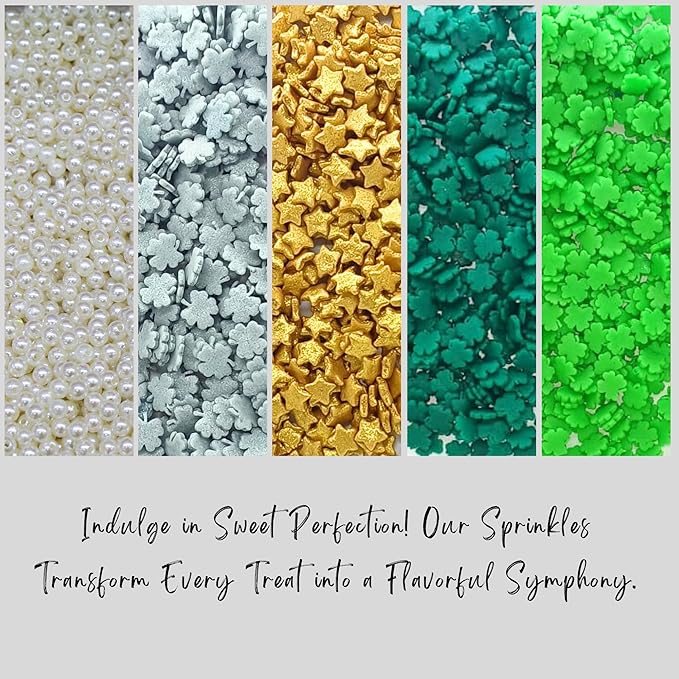 Confect St. Patricks Green & Silver Flower Sprinkles | White Pearl, Gold Star Edible Sprinkles for Baking & Cake Decorative | Edible Sprinkles mix pack of 5 | Dairy-Free, Palm Oil-Free - 5 Oz