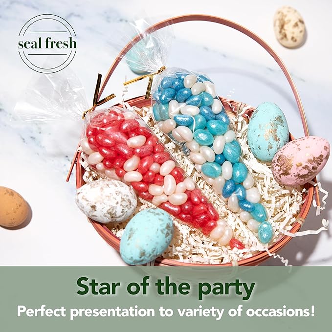 Seal Fresh Cone Cellophane Bags with Twist Ties – 6.5 x 12 Inch (120 Pack) — Clear Cone-Shaped Treat Bags for Candy, Snacks, Popcorn, Party Favors, Gifts