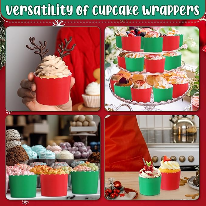 100 Pcs Red Green Cupcake Liners Bulk Baking Paper Cup Muffin Wrappers Classic Solid Color Pattern Baking Cup for Spring Mother's Day Christmas Wedding Birthday Decoration, 2.8" x 2.4" x 2.2"