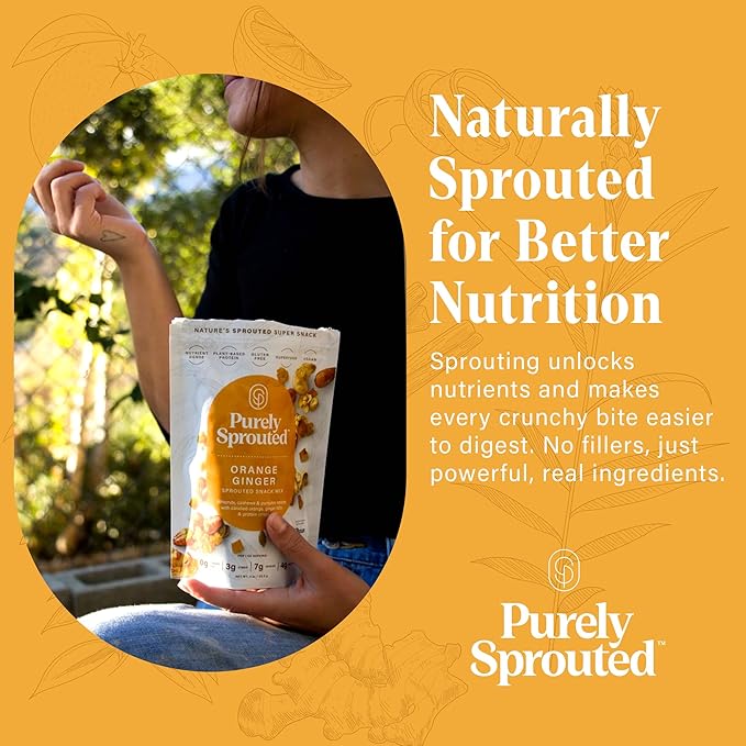 Purely Sprouted Orange Ginger Sprouted Snack Mix with Almond, Cashew Nuts & Pumpkin Seeds – Grain and Gluten Free, Vegan – Ideal for On-the-Go, 4oz, 6 pack