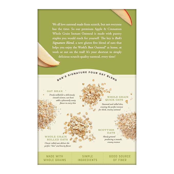 Bob's Red Mill Instant Oatmeal Packets, Apple & Cinnamon, 6 Packets Total, Non-GMO, Gluten Free, Whole Grain