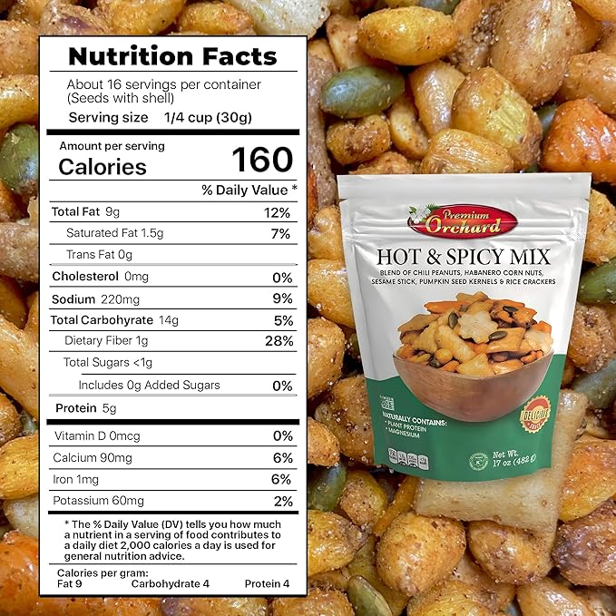 MIXED NUTS Hot & Spicy Mix - Chili Peanuts Habanero Corn Nuts Sesame Sticks Pumpkin Seed Kernels and Rice Crackers Snacks Non GMO Healthy Snacks Nuts - 17 oz