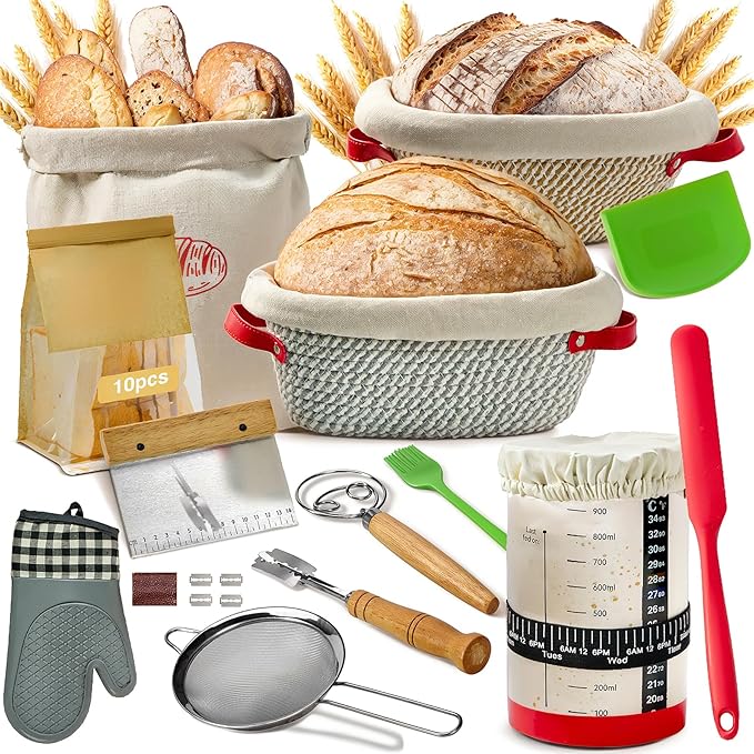 Sourdough Starter Kit, 33 Pcs Sourdough Bread Baking Supplies, 9 10 Inches Round&Oval Cotton Rope Banneton Bread Proofing Basket Set of 2, Beginner Friendly Bread Making Tools with Starter Jar