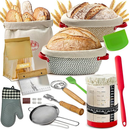 Sourdough Starter Kit, 33 Pcs Sourdough Bread Baking Supplies, 9 10 Inches Round&Oval Cotton Rope Banneton Bread Proofing Basket Set of 2, Beginner Friendly Bread Making Tools with Starter Jar