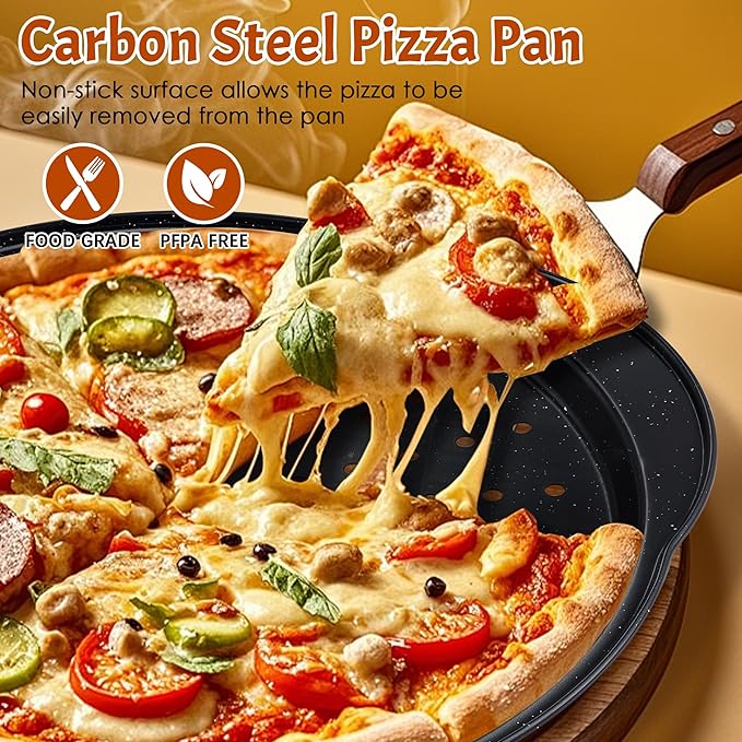 2P Non Stick Pizza Pans - 12” Round Pizza Tray with Holes and Handle, Carbon Steel Pizza Pan for Oven, Dishwasher Safe, PFOA Free