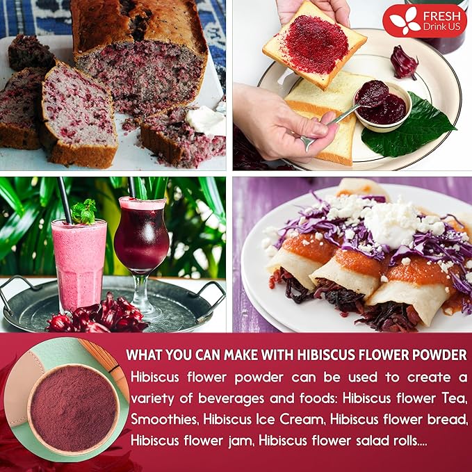 FreshDrinkUS, Premium 16oz Hibiscus Flower Powder, 100% Natural and Pure from Hibiscus Flowers, Natural Food Coloring, No Additives, No Gluten, No Sugar, Vegan