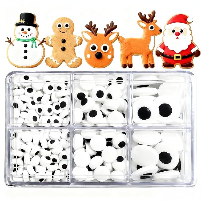 Christmas Candy Sprinkles for Cake Decorating, Festive Snowman & Reindeer Eyes Decorating Supplies for Cookie Baking, Ice Cream, Brownie, Cupcake Toppings, 3 Size Black and White Edible Eyes