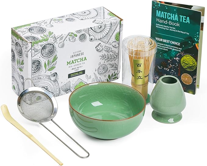 Matcha Whisk Set – 5 Piece Bamboo Whisk Kit with 100-Prong Chasen, Scoop, Tea Sifter, Whisk Holder & Ceramic Bowl – Traditional Japanese Style for Matcha Lovers (Green)