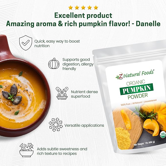 Z Natural Foods Organic Pumpkin Powder - Pure Powdered Pumpkin for Delicious Pumpkin Spice Latte, Baking, Smoothies, Juice, Puree - Dried Sweet Vegan Pumpkin Powder, Gluten Free, Kosher, 1 lb