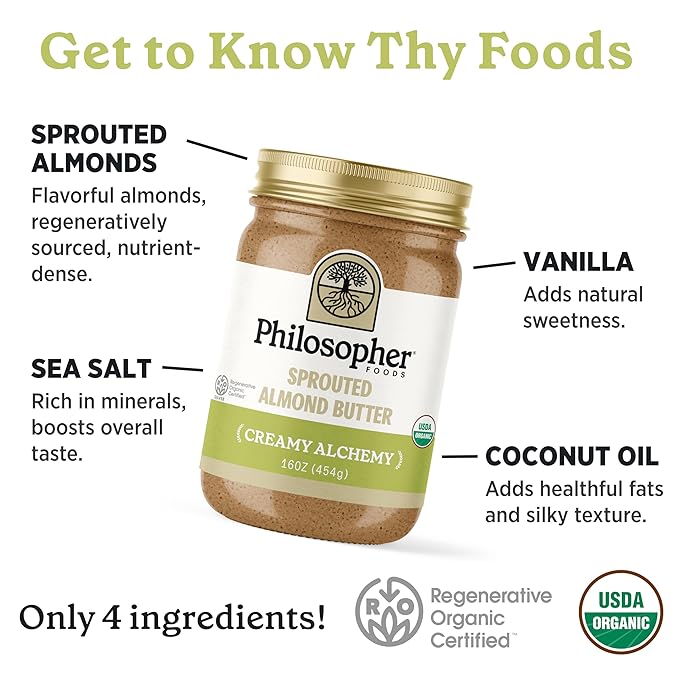 Philosopher Foods - Creamy Alchemy Organic Sprouted Almond Nut Butter - 16 oz - Stone Ground Regenerative Organic Creamy Almond Butter with Coconut Oil, Vanilla, and Ancient Seabed Salt